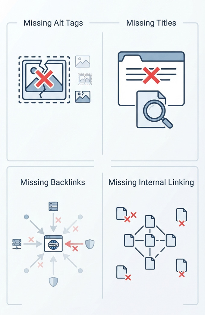 SEO optimization service - Internal backlinking, Missing ALT tags, SEO titles